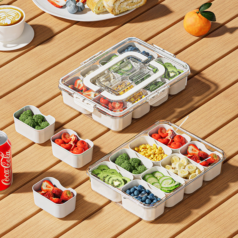 8-Compartment Food Storage Tray with Lid - Fruit Snack Organizer, Cream White