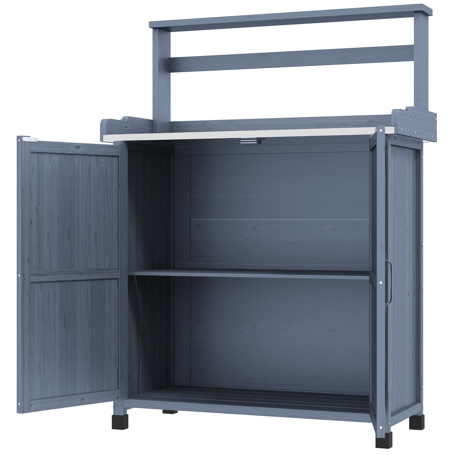Outdoor Wooden Potting Bench with Storage Cabinet and Galvanized Tabletop - Gray