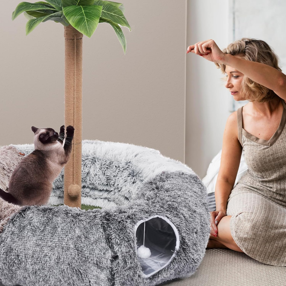 Large Cat Tunnel Bed with Toys - Cozy Plush Play Cave for Indoor Cats