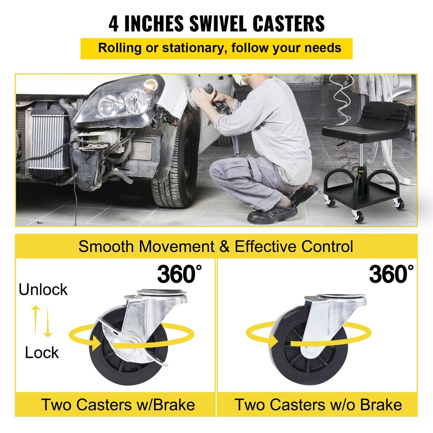 Adjustable Rolling Garage Stool - 300LBS Capacity, Tool Tray