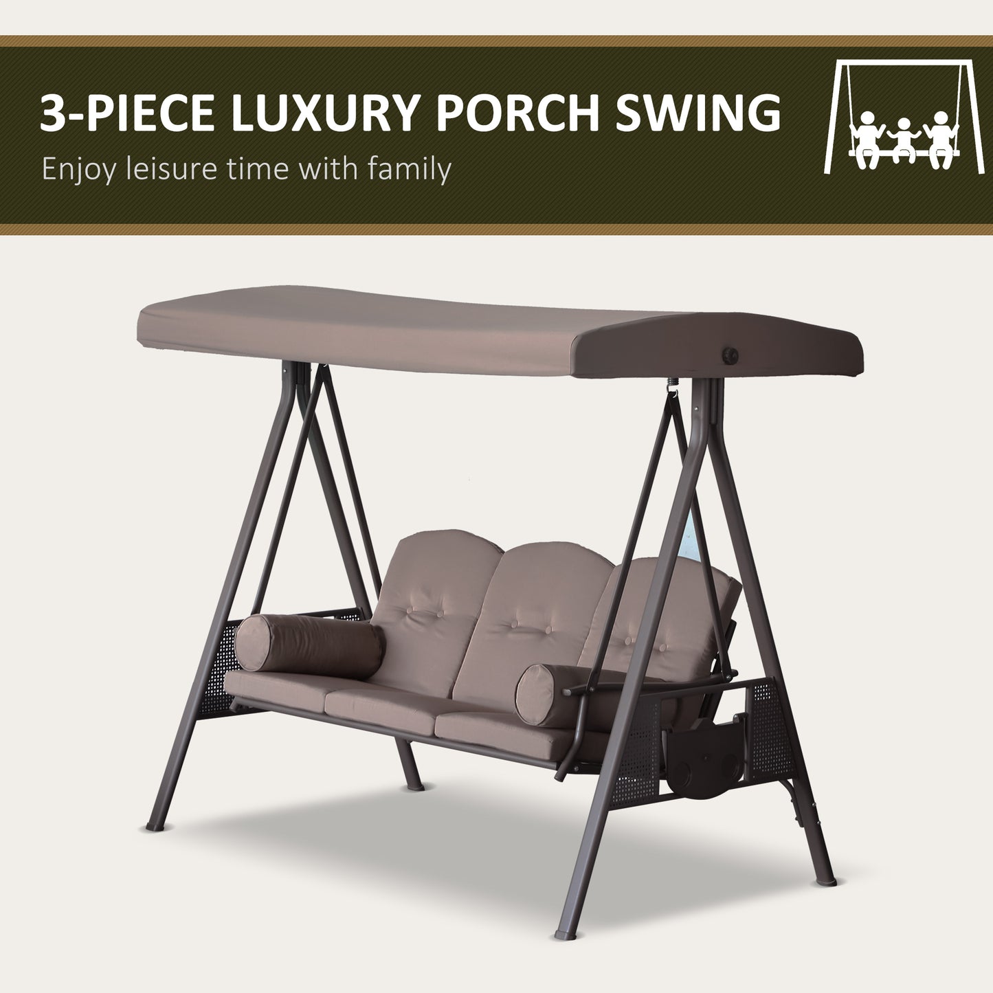 3-Person Steel Canopy Patio Swing Bench with Cushions - Brown