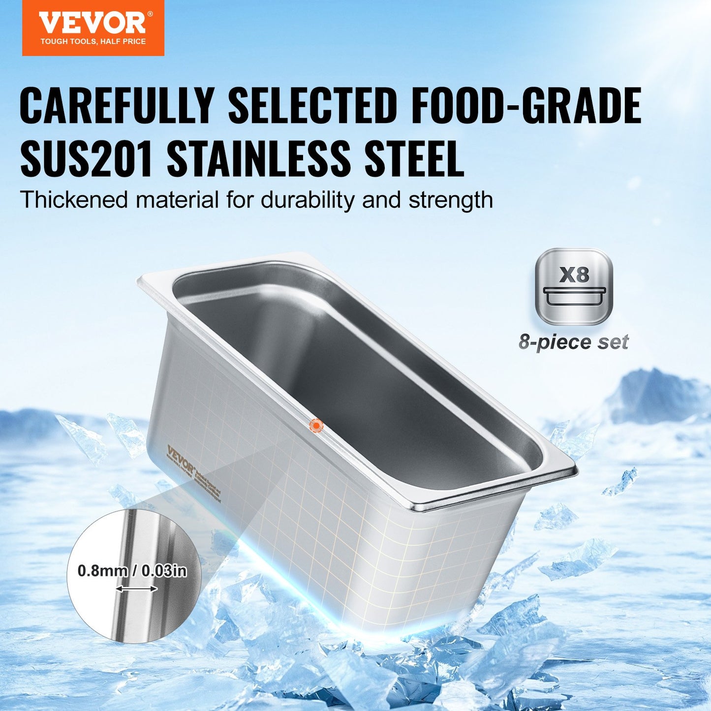 8 Pack 1/3 Size Stainless Steel Steam Table Pans with Lids