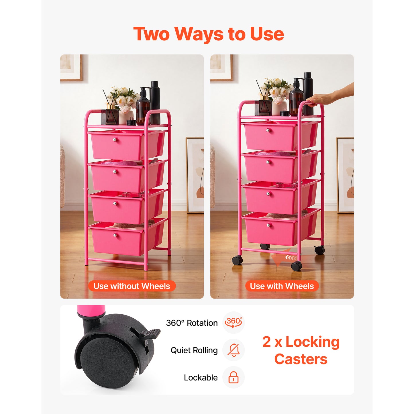 Rolling Cart with Drawers - 4 Drawer Storage Organizer on Steel Frame, Mobile Utility Cart with Casters and Brakes, for Office, Classroom, Garage, Rose Red