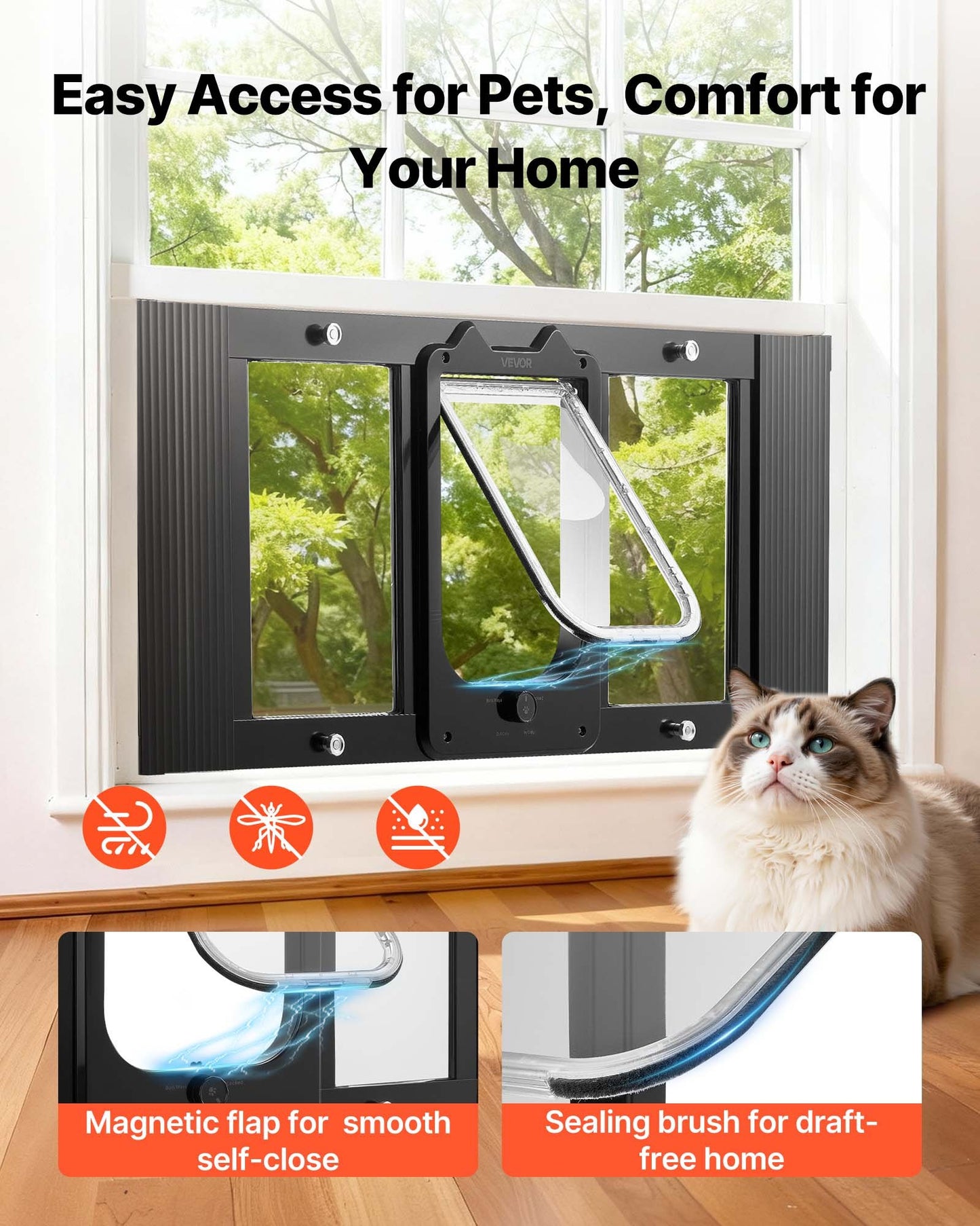 Adjustable Cat Window Door with Lock Modes Aluminum Frame Weatherproof Glass