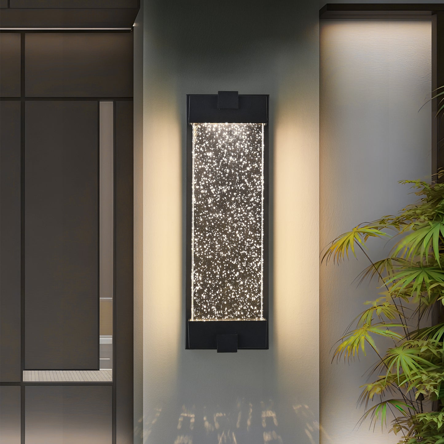 19-Inch Black Aluminum Outdoor Wall Light with Bubble Crystal Glass - Weatherproof Sconce with LED 3000K Warm Light