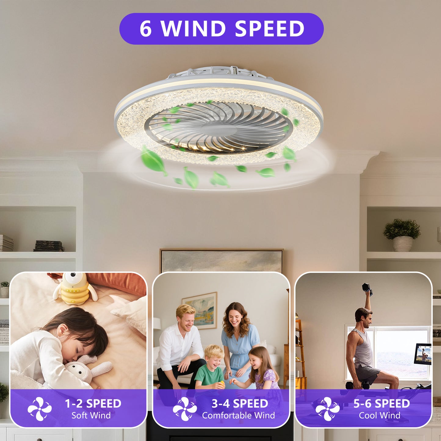 23 Inch Enclosed LED Ceiling Fan with RGB Lights & 6 Speed Settings