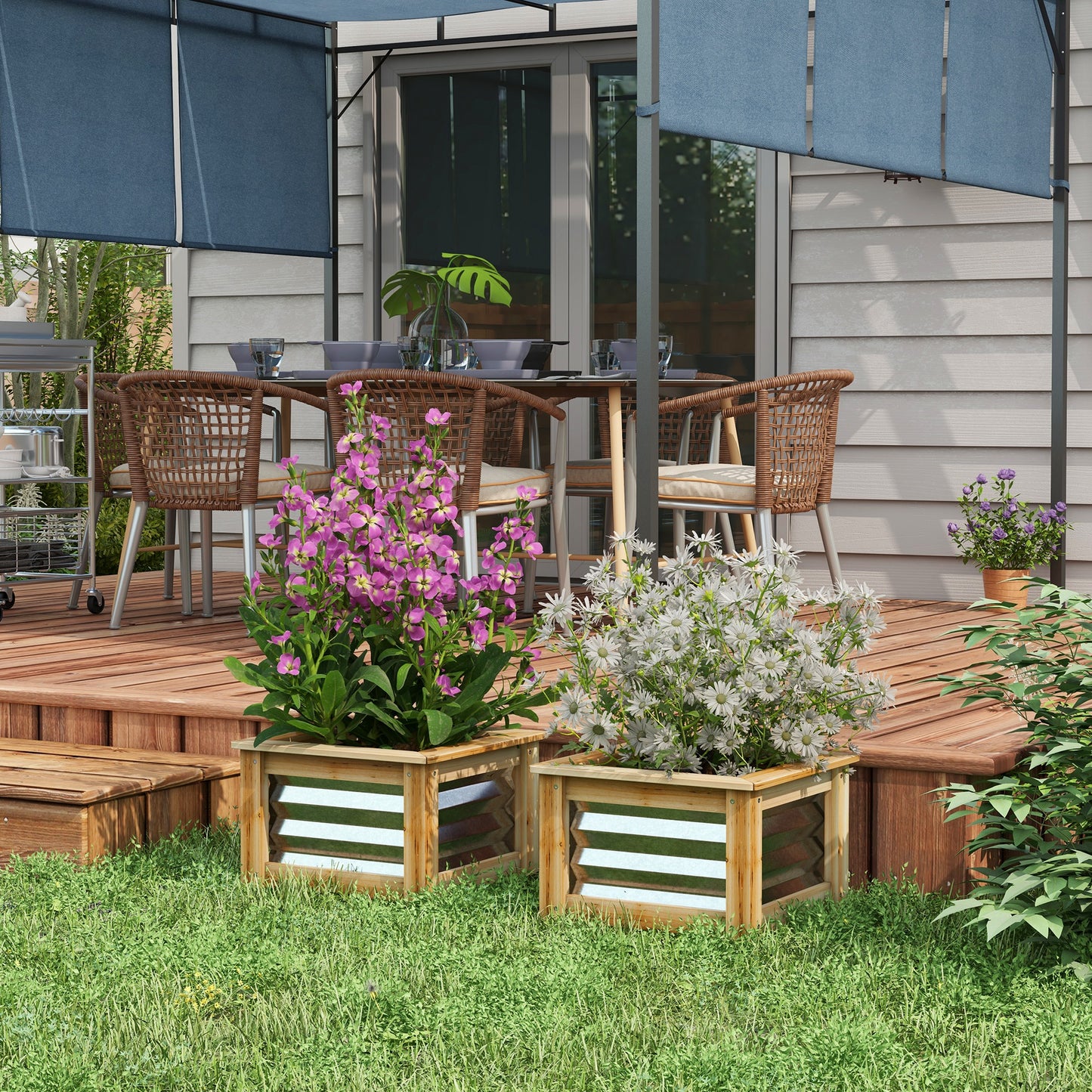 Set of 2 Raised Garden Beds with Metal and Wood Frame - Outdoor Planter Boxes for Herbs and Vegetables