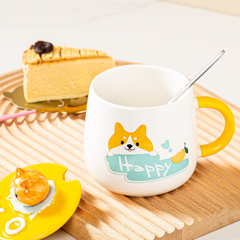 Cute Cartoon Ceramic Mug with Lid and Spoon - 4 Styles, 301-400ml