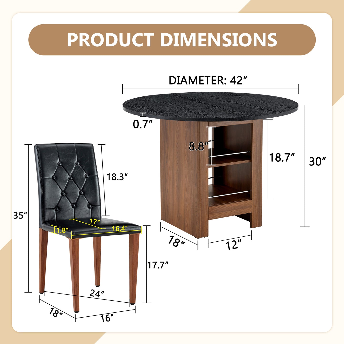 Table And Chair Set. 42 Inch Round MDF Black Dining With Double-layer