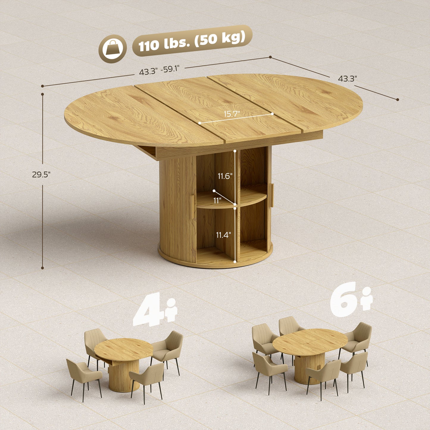 Extendable Dining Table for 6, 60" Farmhouse Kitchen with 2-Tier