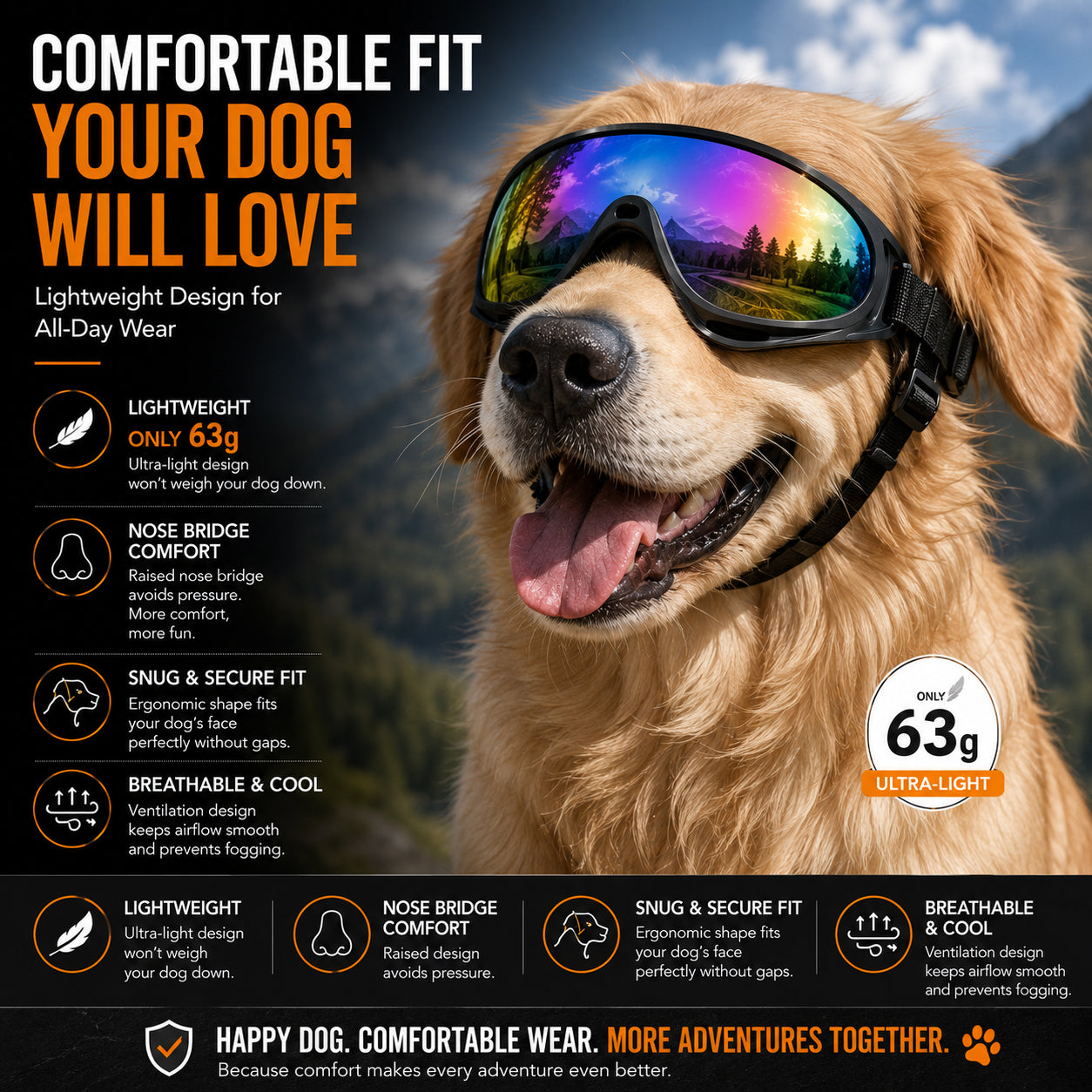 Dog Goggles for Medium & Large Dogs UV Protection Impact-Resistant Pet Glasses