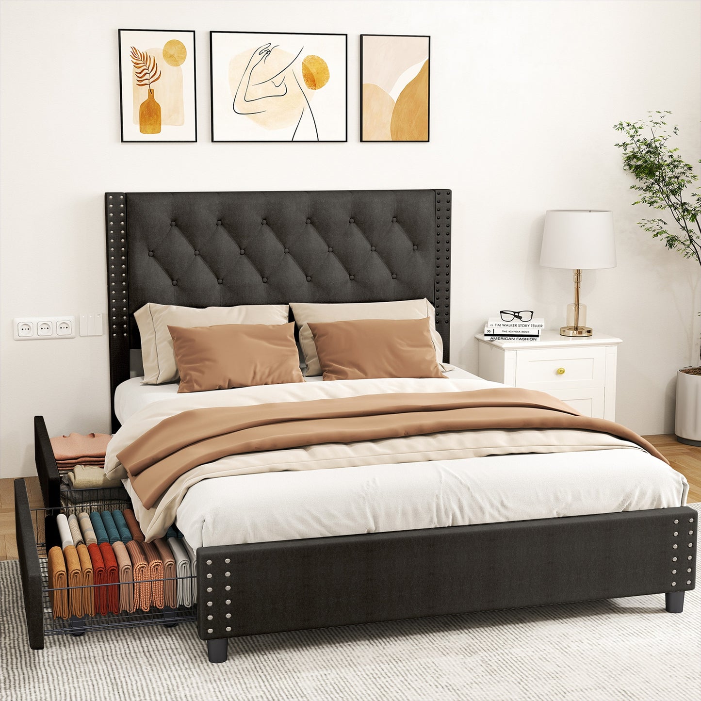 Queen Size Bed Frame With Upholstered Button Tufted Headboard Wood