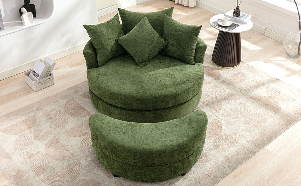 360° Swivel Accent Barrel Chair with Storage Ottoman & 4 Pillows - Green