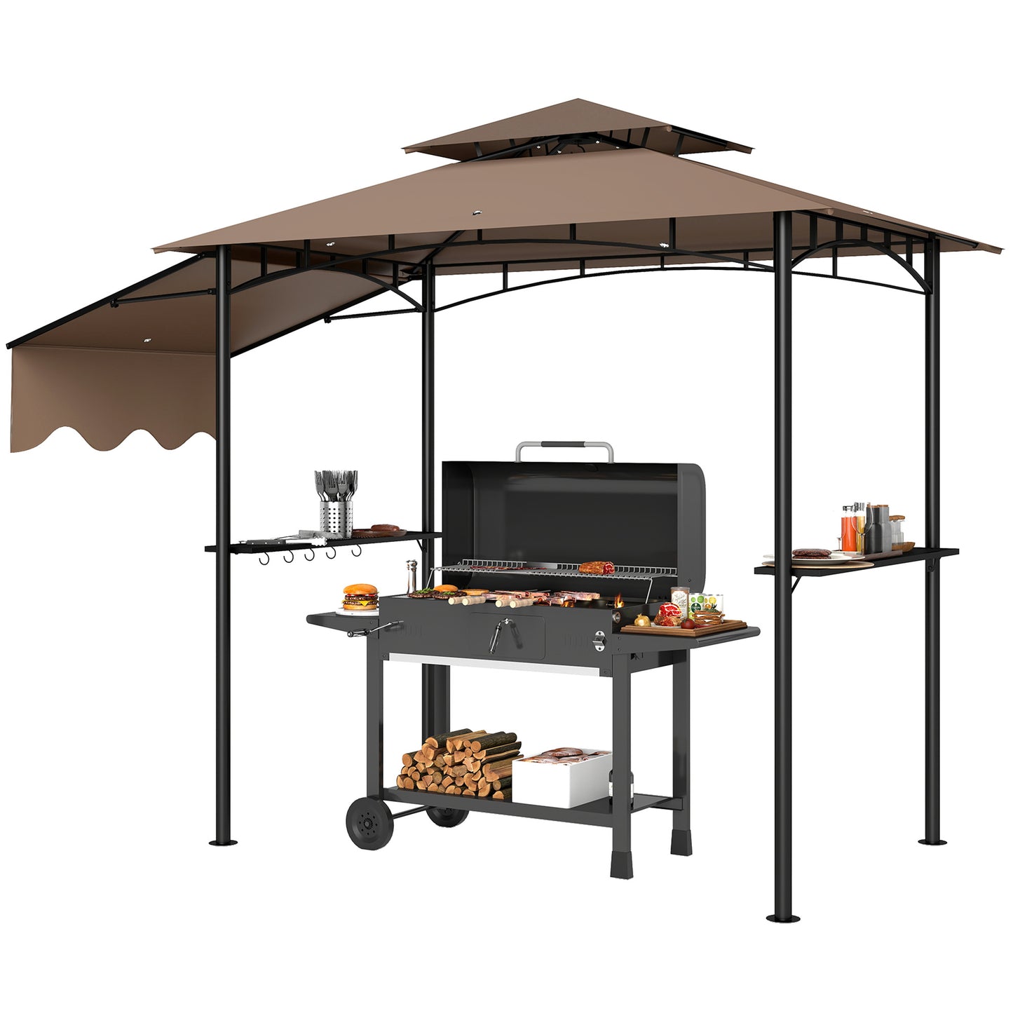 Outdoor Grill Gazebo with Side Shelves & Hooks - Brown