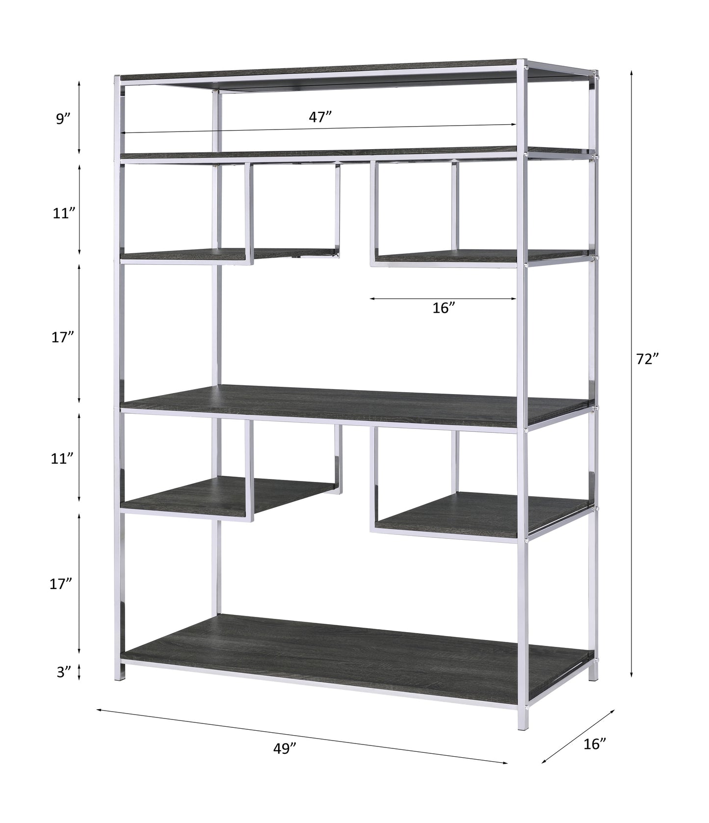 Rustic Gray Oak & Chrome Bookshelf - 7 Shelves, 72" Tall
