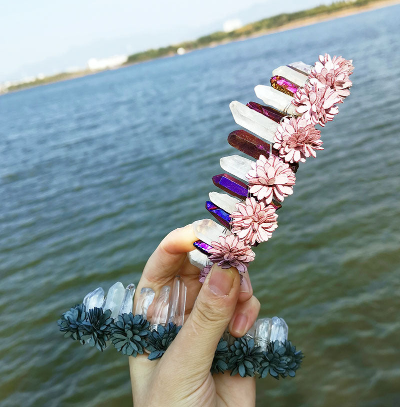 Natural Crystal Rainbow Headband with Flowers