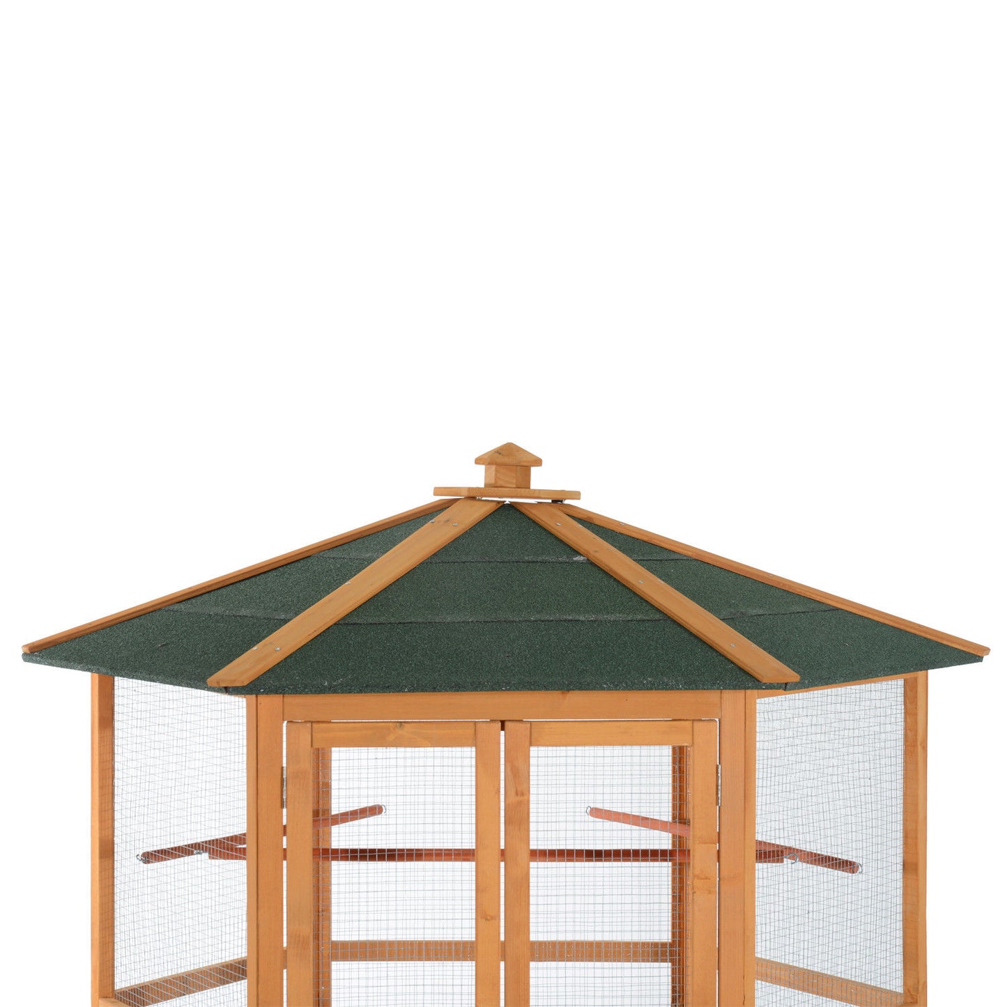 69-Inch Wooden Hexagonal Outdoor Bird Cage with Cover Roof Brown