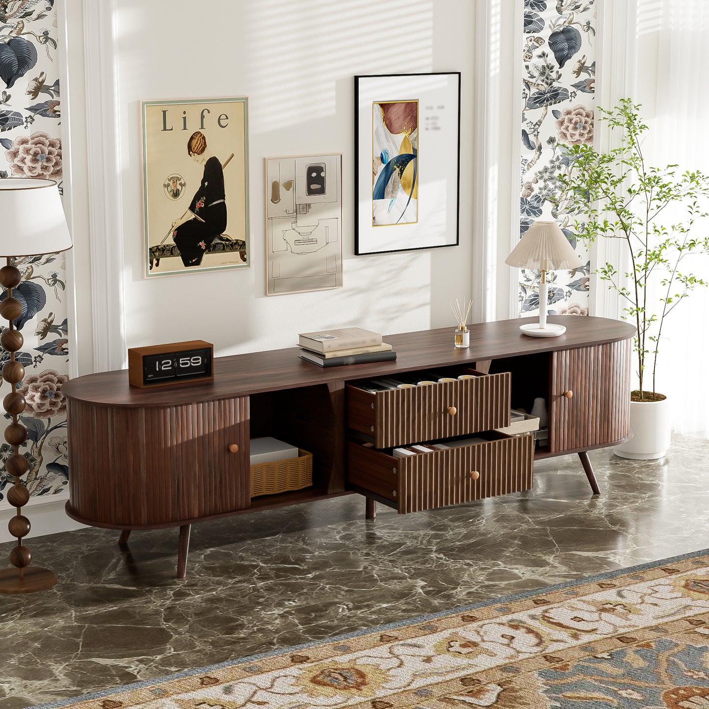 70 Inch Mid Century Modern TV Stand, Stand For 80 TV, With Tambour