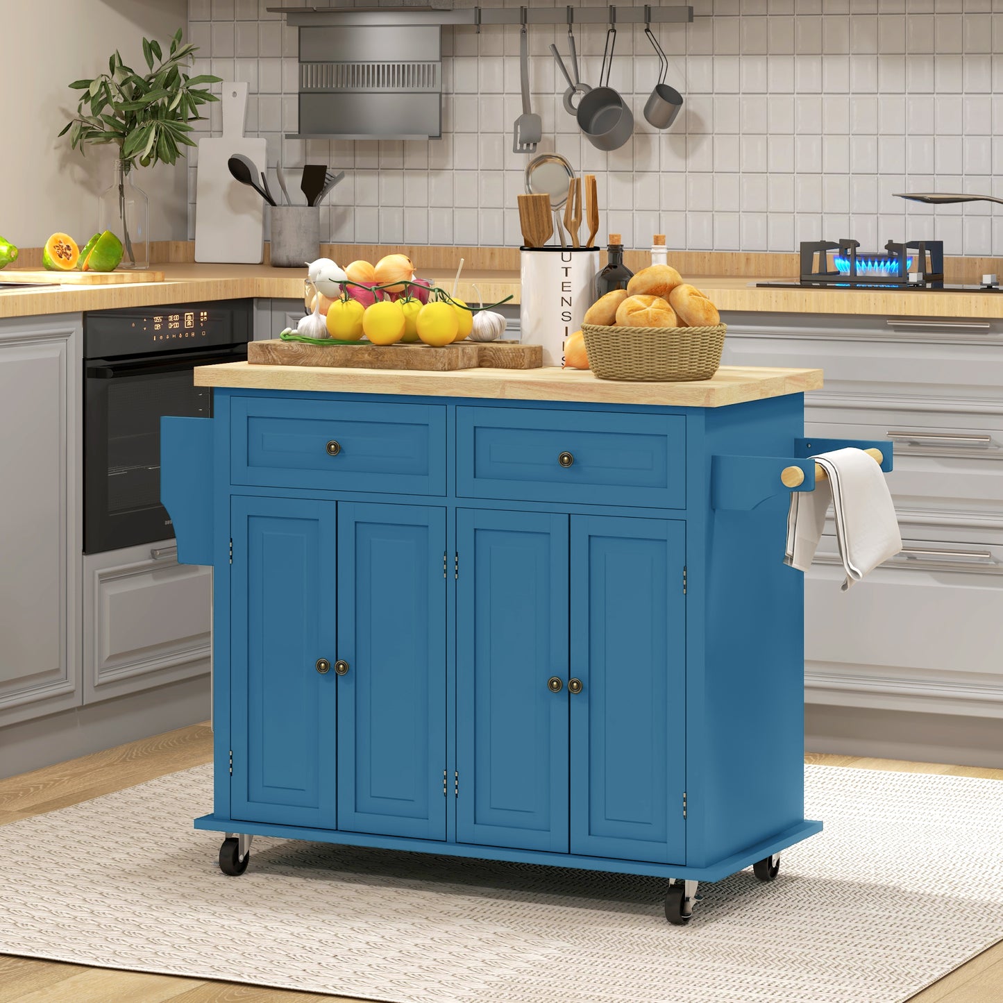 Rolling Kitchen Island Cart with Rubberwood Top & Storage - Turquoise