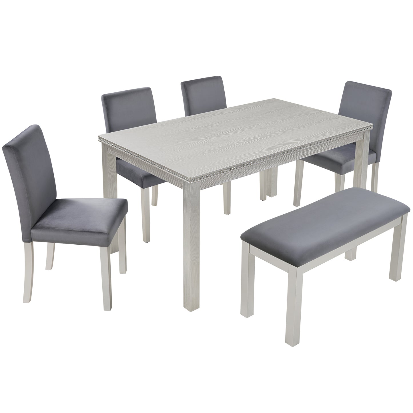 6-Piece Wooden Dining Table Set with Upholstered Chairs & Bench - Silver Grey