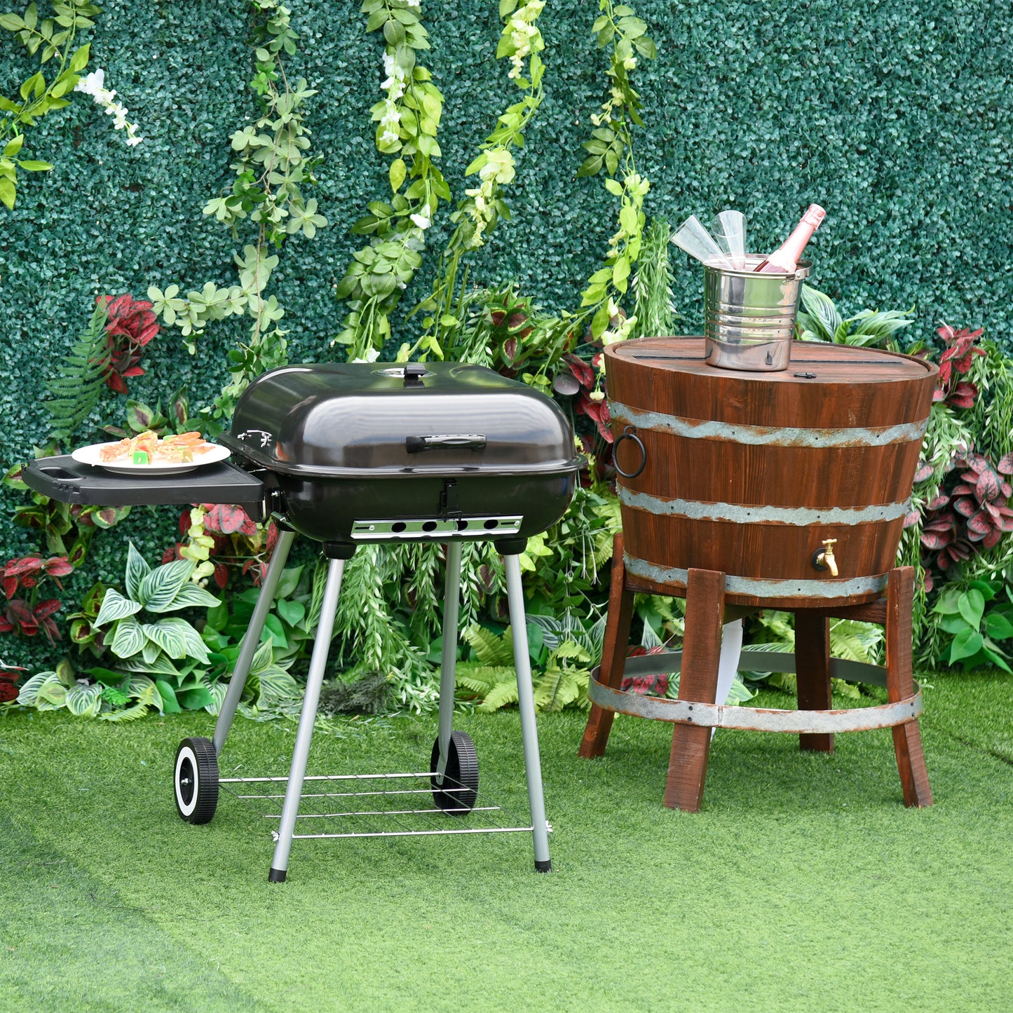 22" Charcoal Barbecue Grill with Side Tray & Portable Wheels