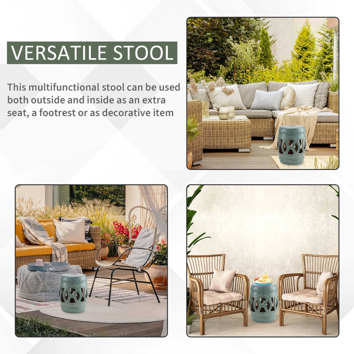 Ceramic Garden Stool - Double-Coin Knotted Design, Antique Blue