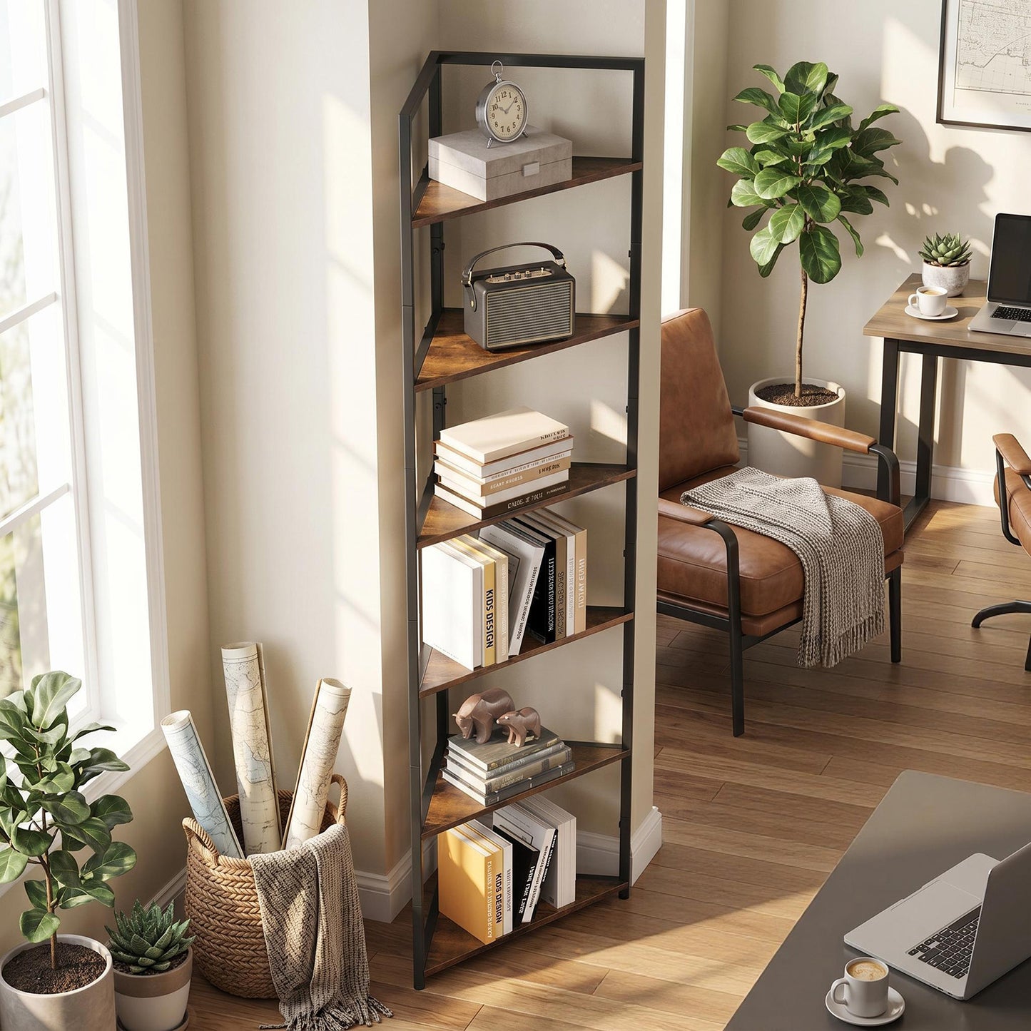 6-Tier Corner Shelf - Wooden Bookshelf with Metal Frame, 71.7 Inch