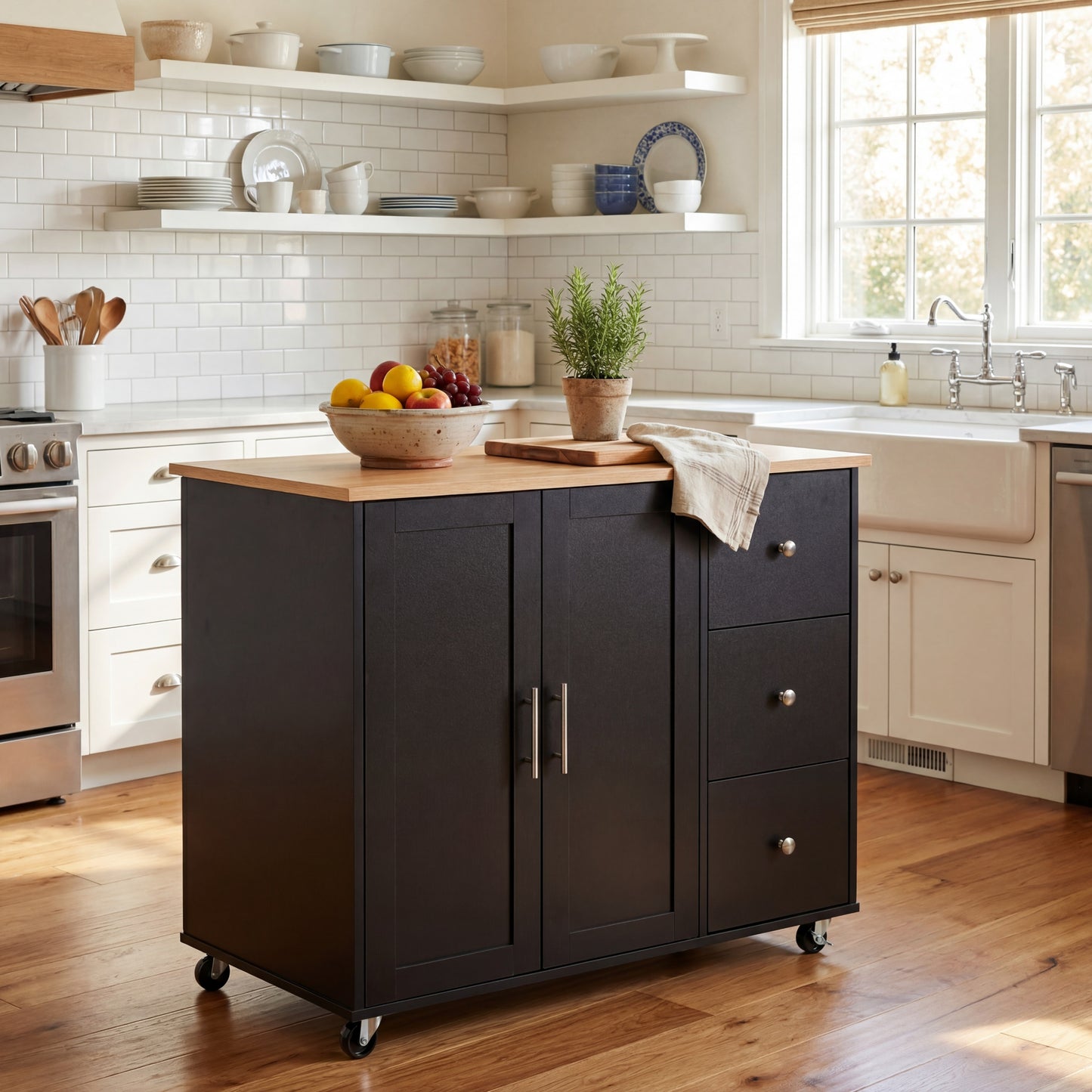 Mobile Kitchen Cart with Storage - Rolling Island, Black
