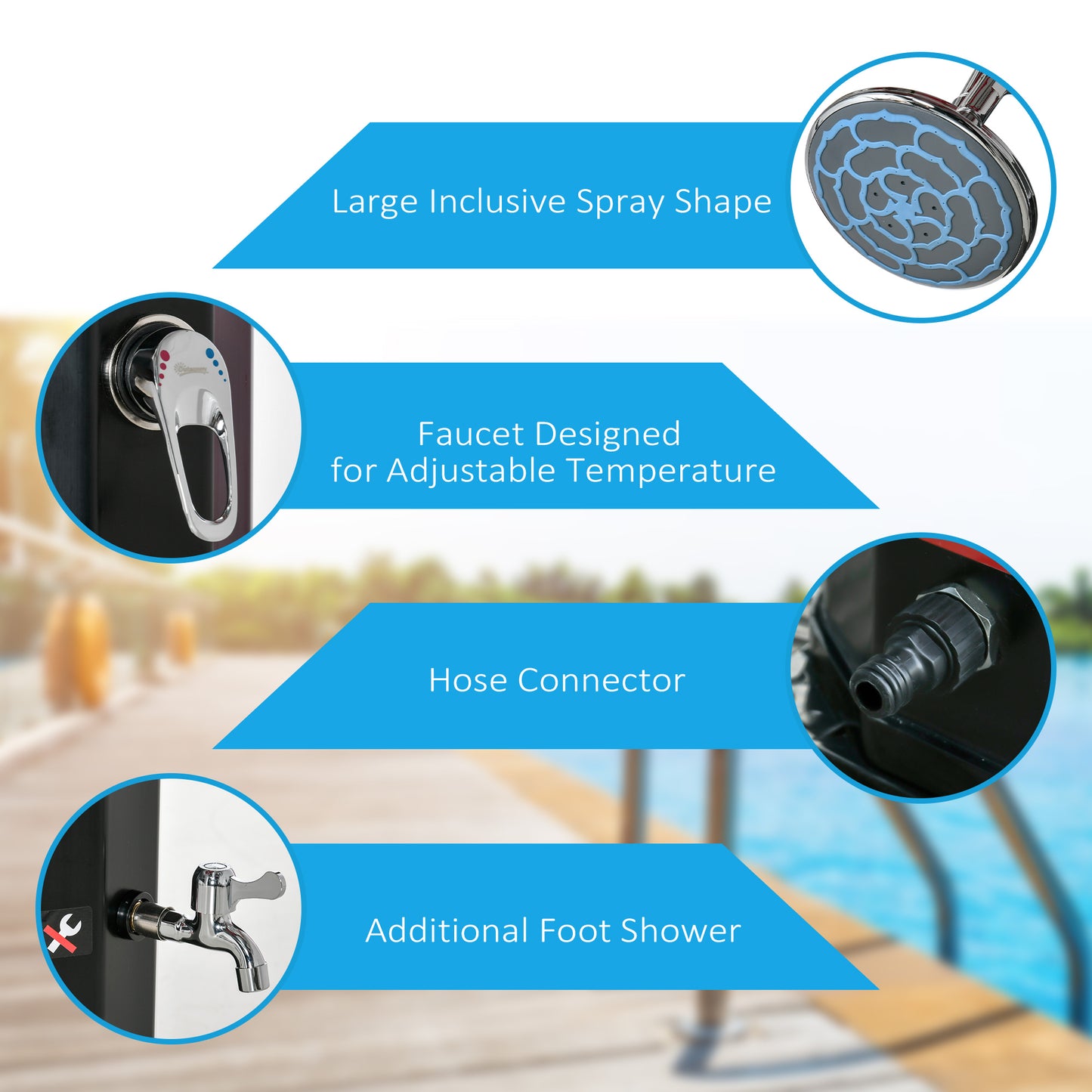7ft Outdoor Solar Heated Shower with Adjustable Temperature & Pressure
