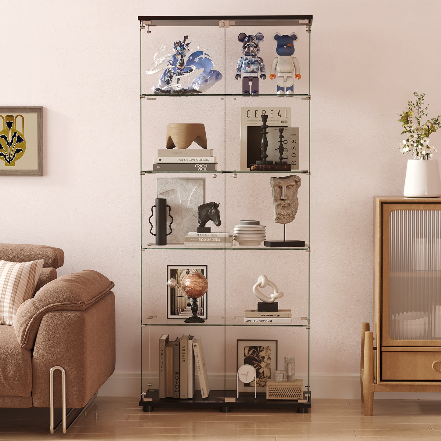 Glass Display Cabinet with 5 Shelves, Double Doors & Lock - Black