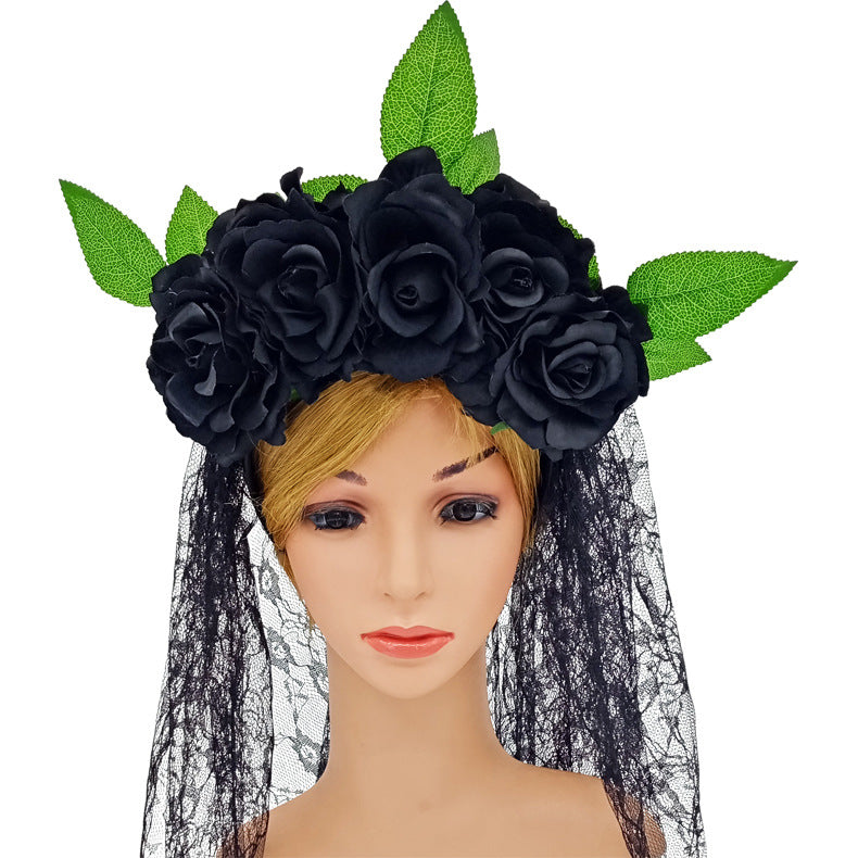 Artificial Rose Flower Headband with Lace Veil