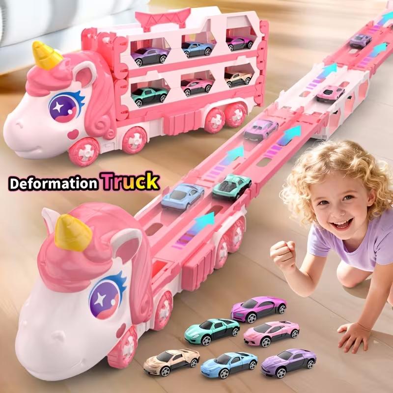 Pink Transforming Truck Toy with Expandable Racetrack and Car Storage Set for Kids
