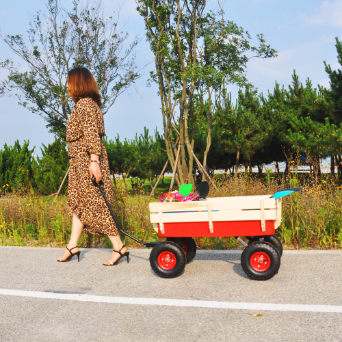 All Terrain Garden Wagon with Wood Railing and Air Tires for Outdoor Use