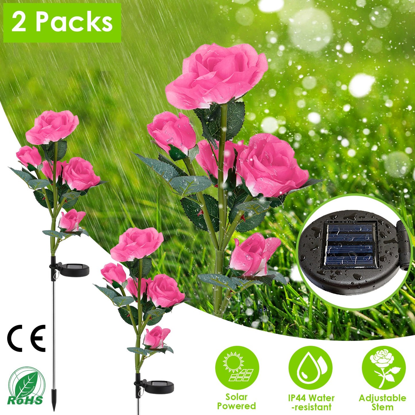 Solar Powered Rose Flower LED Lights - 2Pcs Outdoor Decorative Lamps