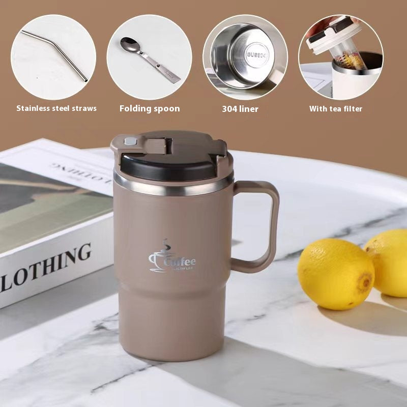Stainless Steel Mug Cup with Cover and Folding Spoon - Ins Style