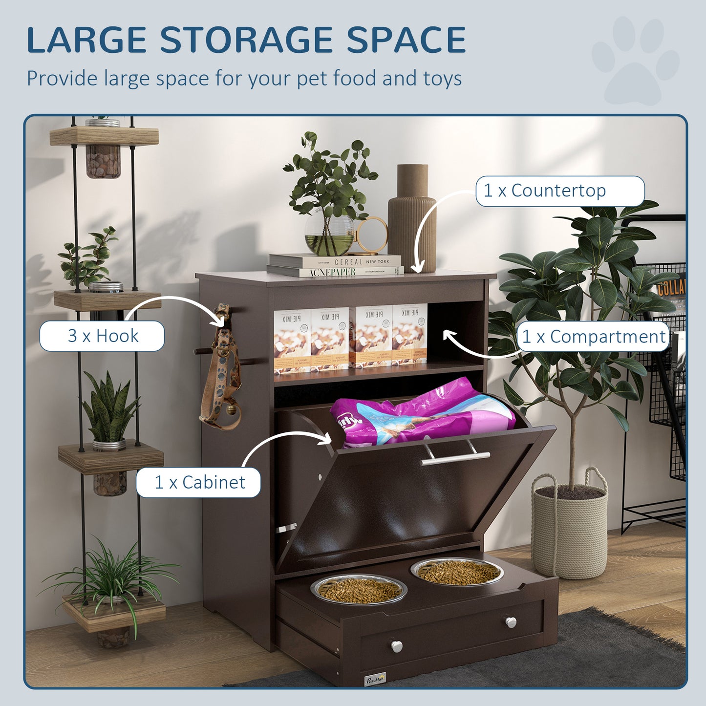 Dog Food Storage Cabinet with Raised Bowls and Storage Shelf - Gray