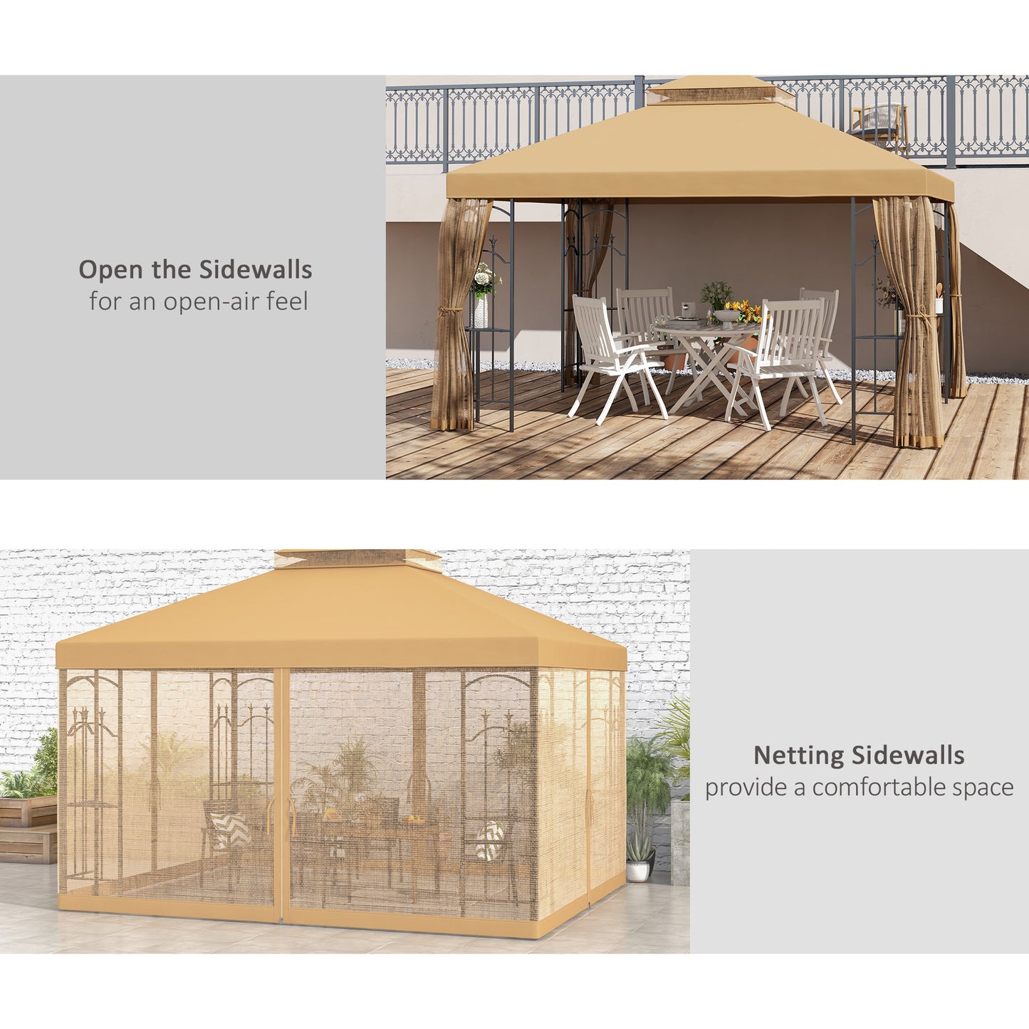 10x12 Outdoor Gazebo with Double Roof & Corner Shelves - Brown