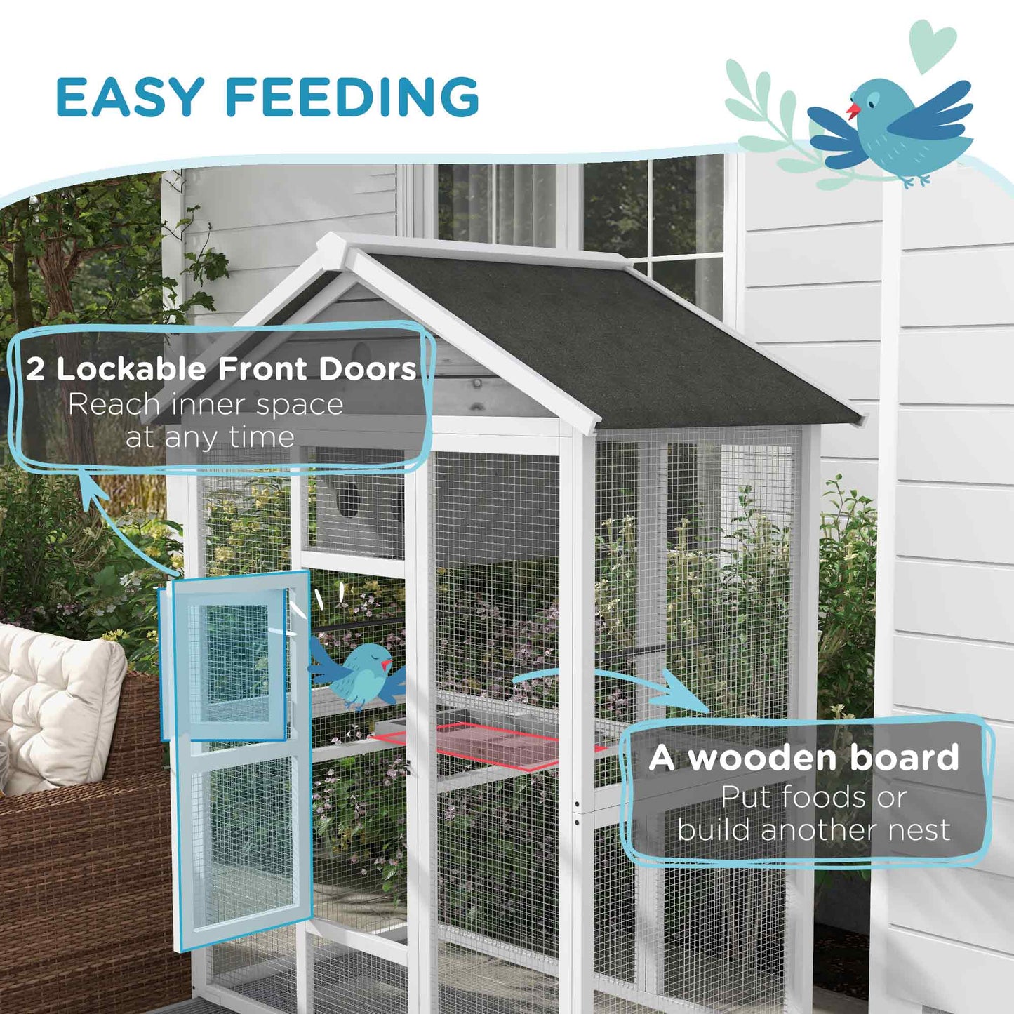 Wooden Bird Cage Aviary with 4 Perches & Nest for Indoor Outdoor Use – Gray, 64.5"