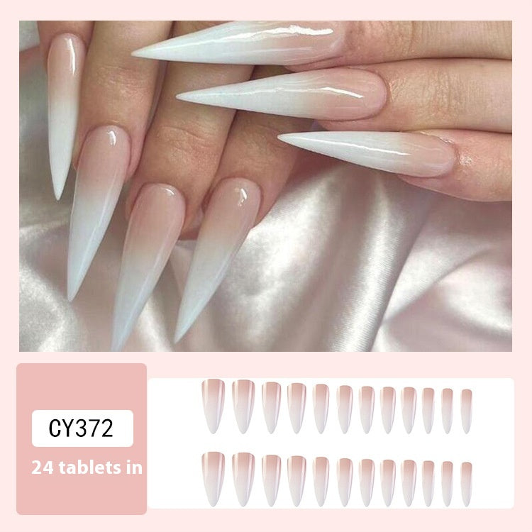 Milky White Pink Gradient Fake Nail Patch for Nail Art, Long Drop Shape