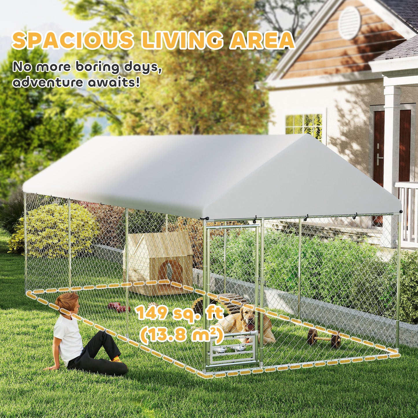 Outdoor Dog Kennel with Rotatable Bowl Rack Waterproof UV Cover 19.7x7.5x7.5 ft