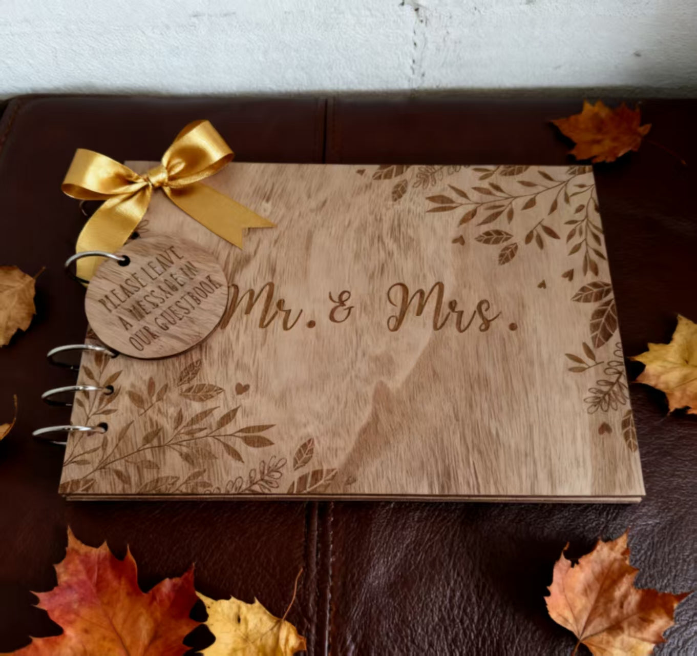 Wooden Wedding Guest Book with Engraved Mr. & Mrs., Customizable Rustic Photo Album for Bridal Shower & Reception