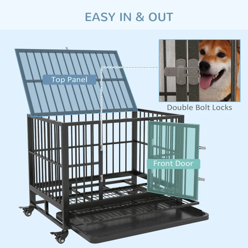 Heavy Duty Metal Dog Crate with Lockable Wheels, Double Doors & Removable Tray - Gray