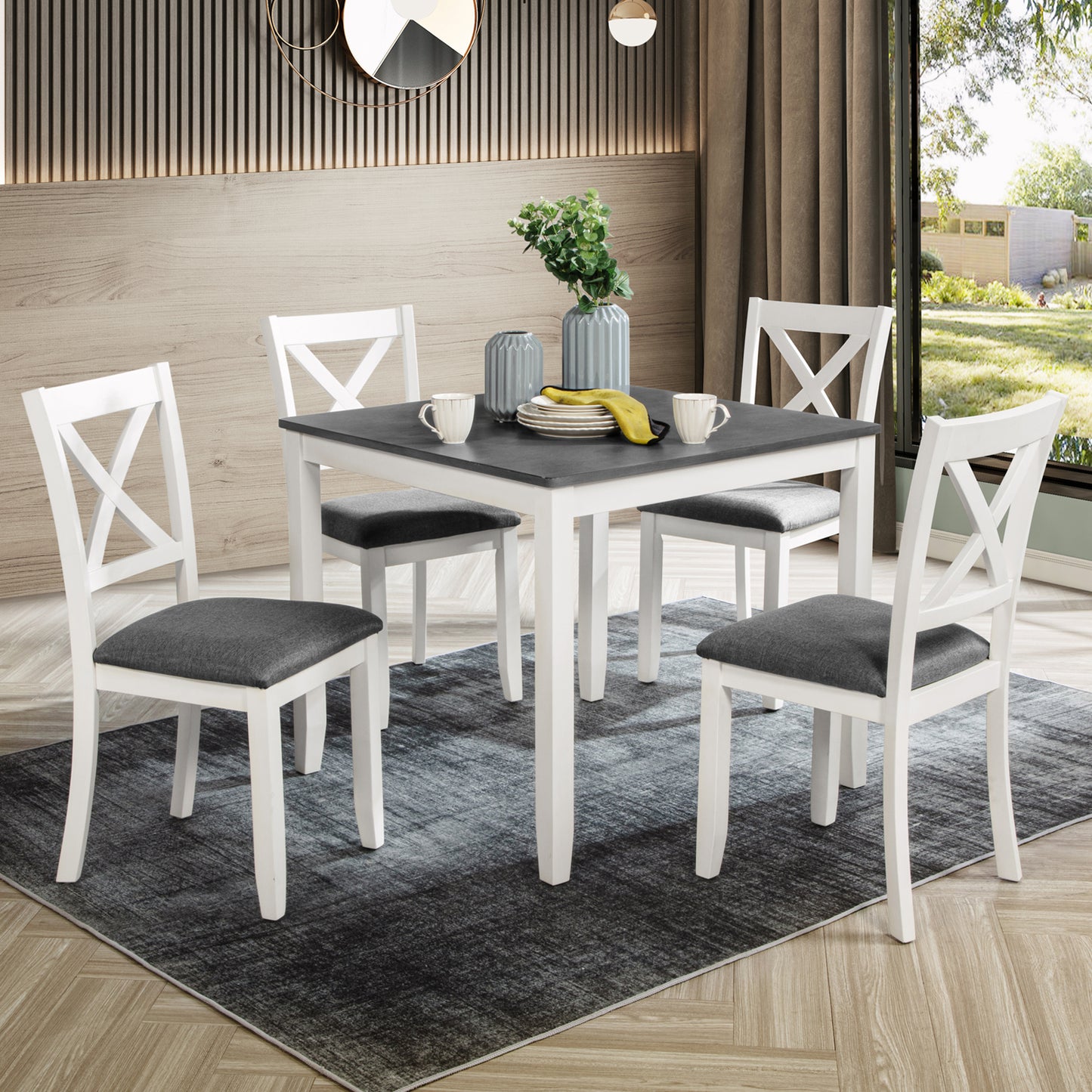 Wooden Dining Chairs Set of 4 with Padded Seats - Grey & White