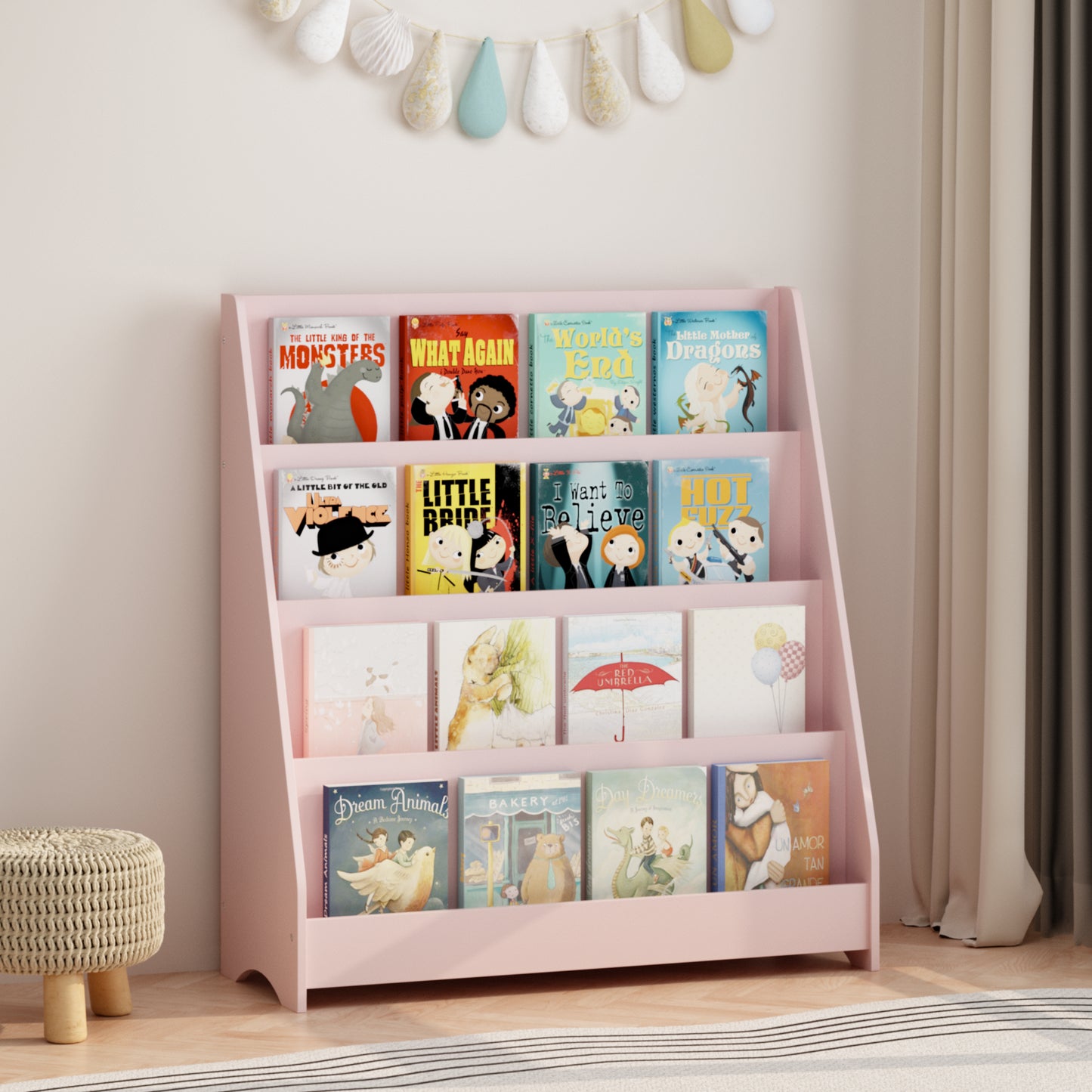4-Tier Kids Bookshelf - Pink MDF Book Display Shelf