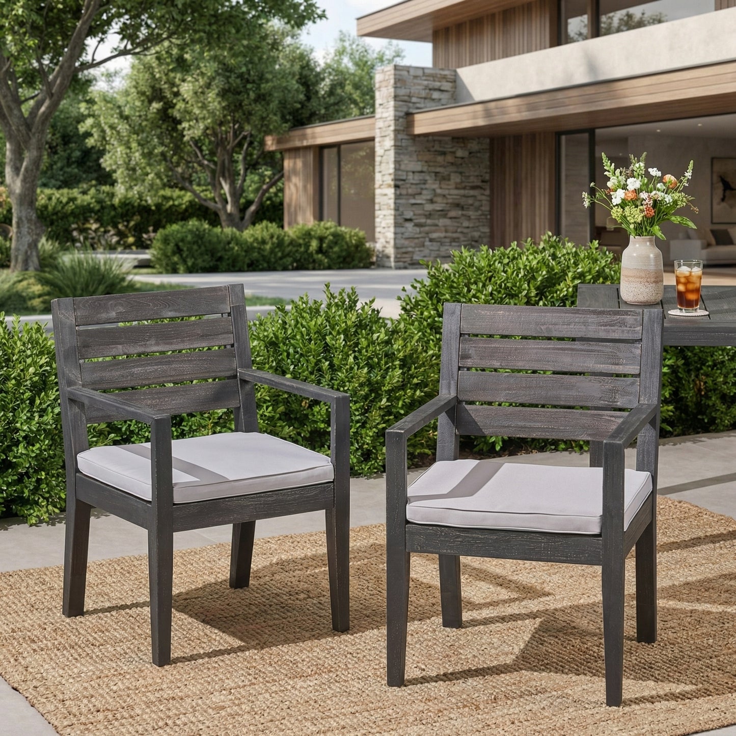 Outdoor Dining Chair Set of 2 - Dark Grey with Light Grey Cushion