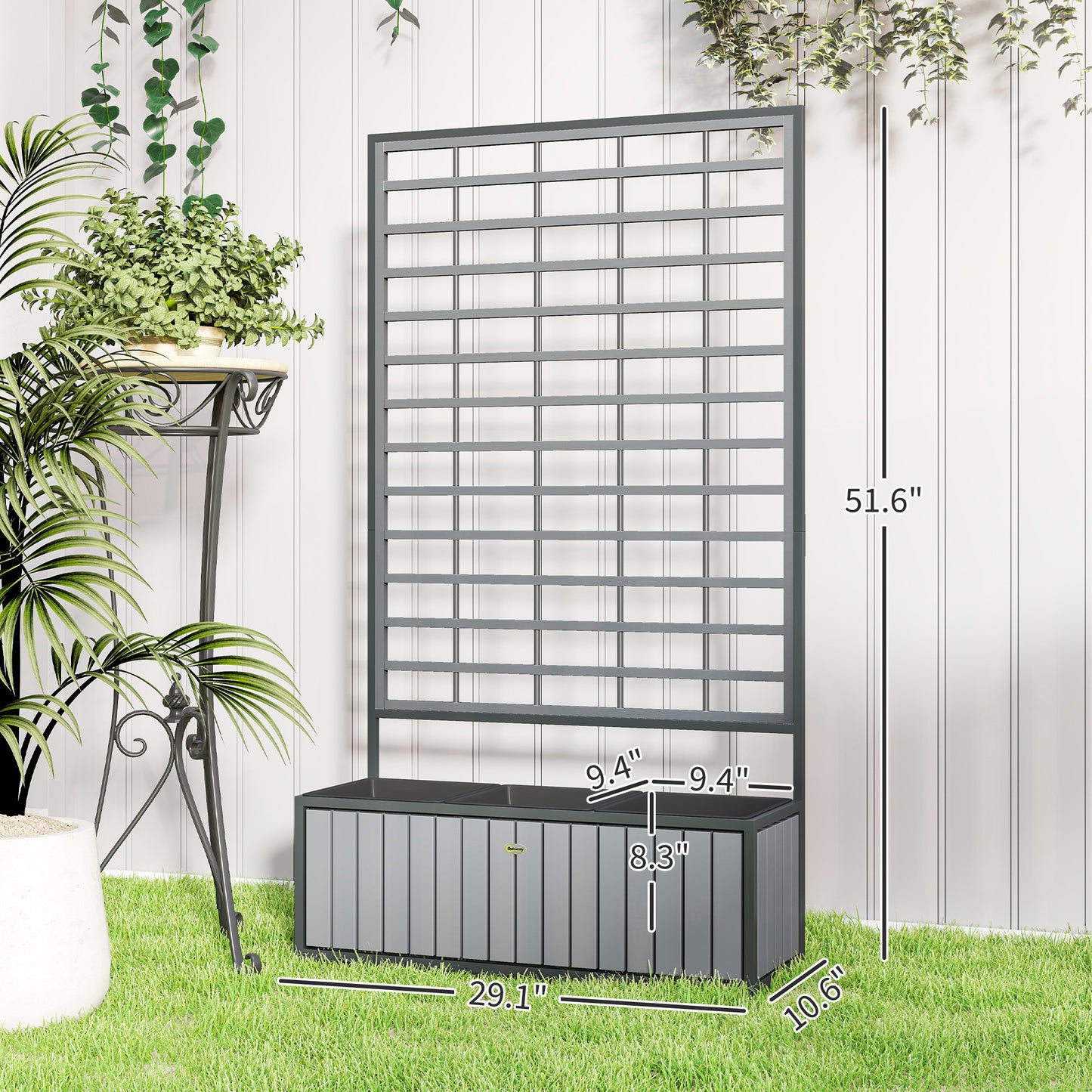 Wooden Raised Garden Bed with Trellis & Removable Pots, Gray, 29x11x52 Inches
