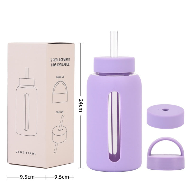 600ml Silicone Sleeve Glass Water Cup with Dual Lids - Heat-Resistant & Sipper-Friendly
