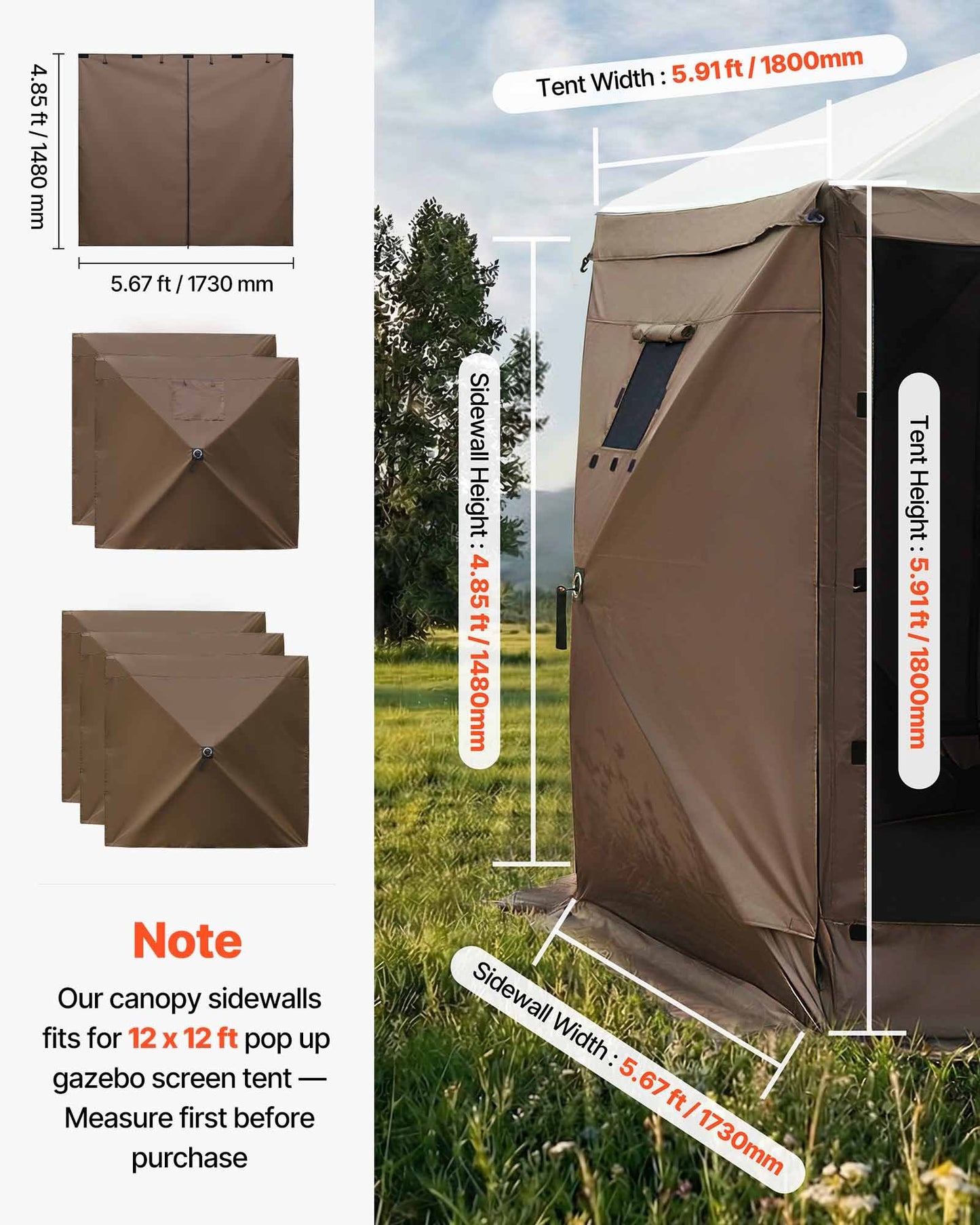 Outdoor Canopy Sidewalls 5.67 x 4.85 ft Waterproof Sunblock with Zippered Door & Windows