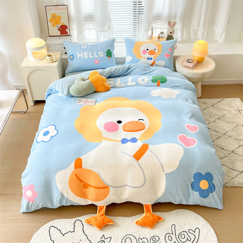Cartoon Thickened Milk Velvet Bedding Set - Four Piece Kids Bed Linens