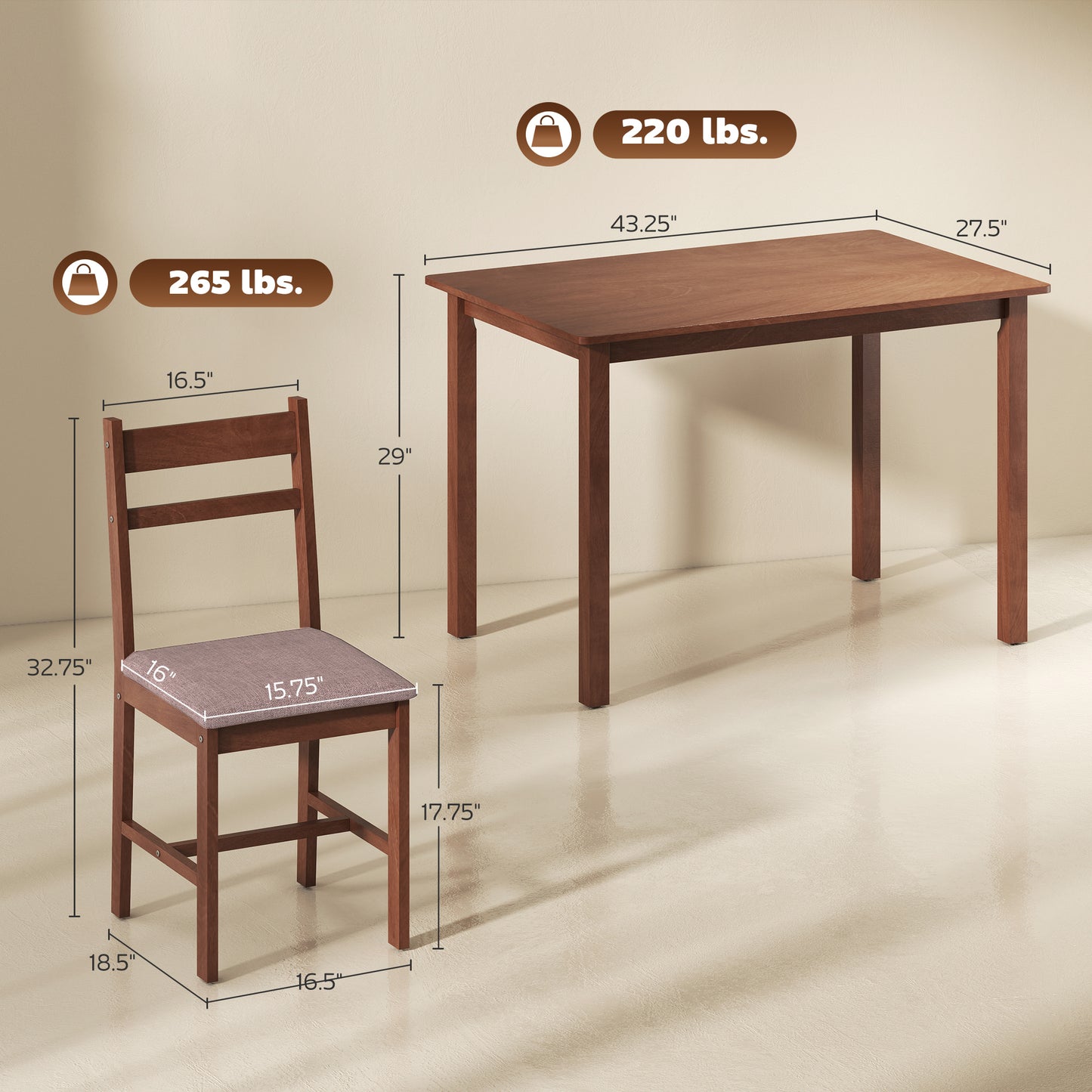 5-Piece Solid Wood Dining Table Set for 4, Farmhouse Kitchen with
